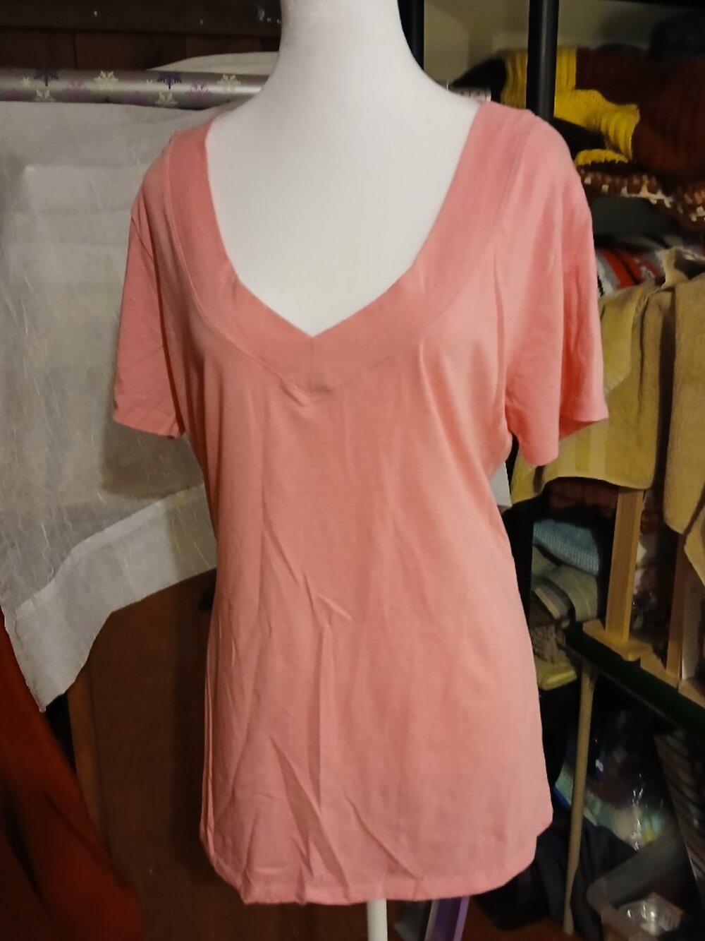 Women Plus 3X Pink Peach Ambiance Apparel Short Sleeve V Neck Shirt Top